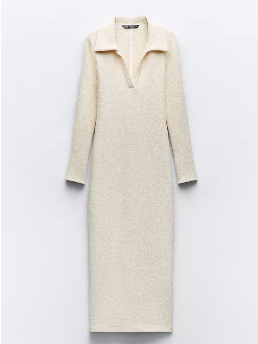 Zara Off-White Long Sleeve Knit Midi Dress with V-Collar